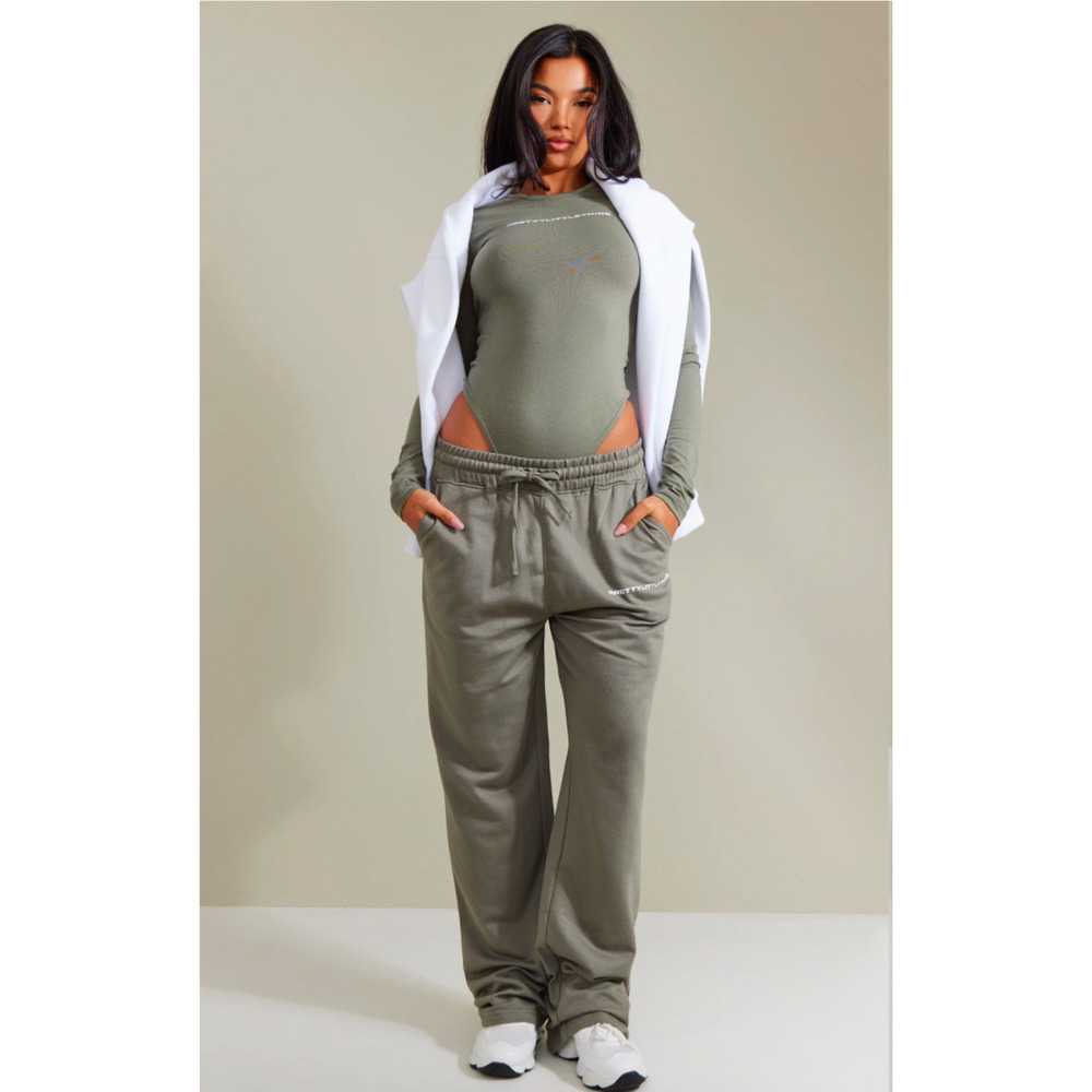 PRETTYLITTLETHING Khaki Straight Leg Logo Sweatpants UK Size Medium